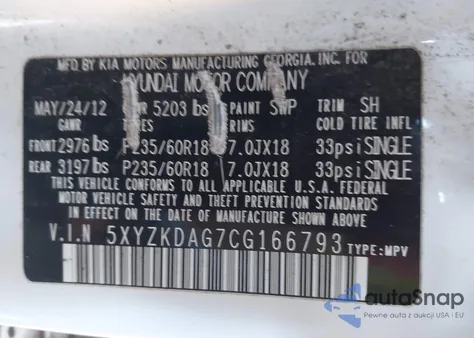 2012 Hyundai Santa Fe Limited V6 z USA, uszkodzony, nr VIN 5XYZKDAG7CG166793